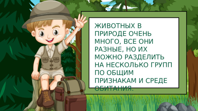 ЖИВОТНЫХ В ПРИРОДЕ ОЧЕНЬ МНОГО, ВСЕ ОНИ РАЗНЫЕ, НО ИХ МОЖНО РАЗДЕЛИТЬ НА НЕСКОЛЬКО ГРУПП ПО ОБЩИМ ПРИЗНАКАМ И СРЕДЕ ОБИТАНИЯ. 