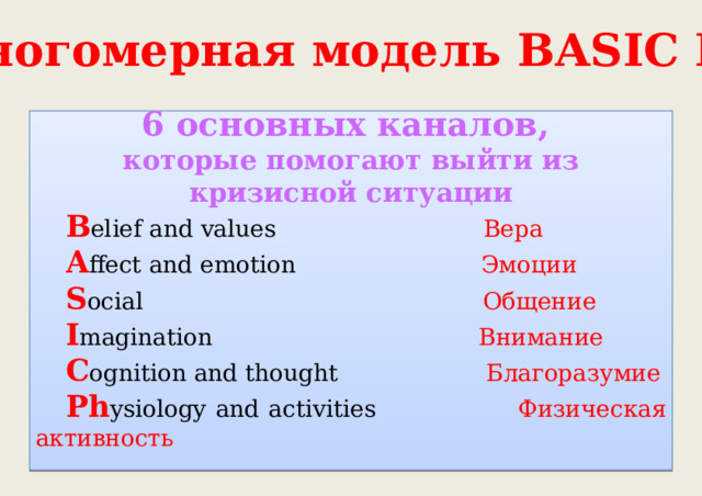 Многомерная модель BASIC Ph  6 основных каналов, которые помогают выйти из кризисной ситуации B elief and values Вера  A ffect and emotion Эмоции S ocial Общение I magination Внимание C ognition and thought Благоразумие Ph ysiology and activities Физическая активность 