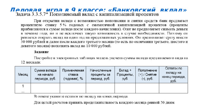 Деловая  игра в 9 классе: «Банковский  вклад»   