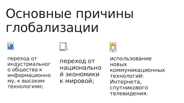 Основные причины глобализации использование новых коммуникационных технологий: Интернета, спутникового телевидения.  переход от индустриального общества к информационному, к высоким технологиям; переход от национальной экономики к мировой; 