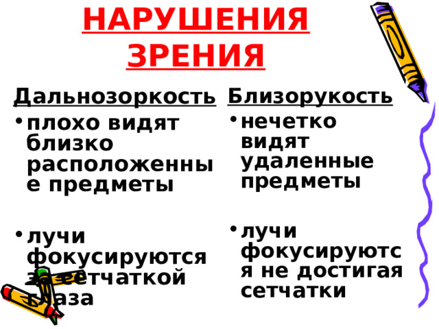    СИМПТОМЫ НАРУШЕНИЯ ЗРЕНИЯ Дальнозоркость плохо видят близко расположенные предметы  лучи фокусируются за сетчаткой глаза  Близорукость нечетко видят удаленные предметы  лучи фокусируются не достигая сетчатки  
