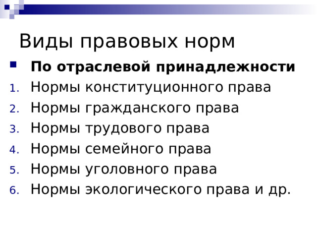Виды правовых норм По отраслевой принадлежности Нормы конституционного права Нормы гражданского права Нормы трудового права Нормы семейного права Нормы уголовного права Нормы экологического права и др. 