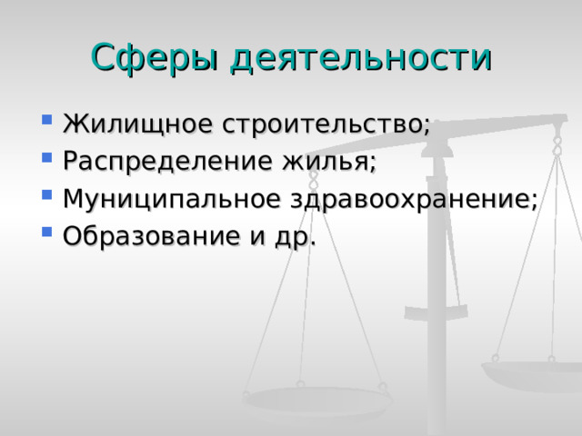 Сферы деятельности Жилищное строительство; Распределение жилья; Муниципальное здравоохранение; Образование и др. 