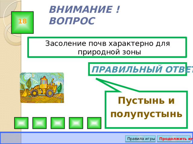 Пустынь и полупустынь  ВНИМАНИЕ ! ВОПРОС 18 Засоление почв характерно для природной зоны Правильный ответ Правила игры Продолжить игру 