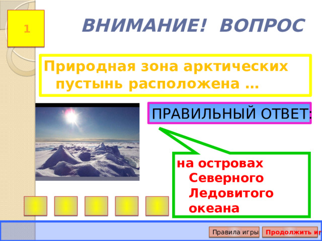 на островах Северного Ледовитого океана ВНИМАНИЕ! ВОПРОС 1 Природная зона арктических пустынь расположена … Правильный ответ: Правила игры Продолжить игру 