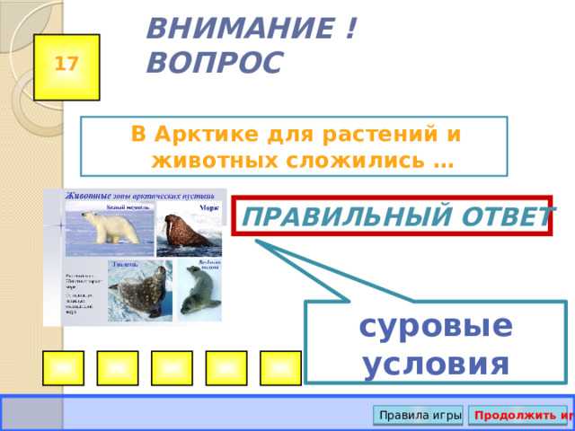 суровые условия ВНИМАНИЕ ! ВОПРОС 17 В Арктике для растений и животных сложились … Правильный ответ Правила игры Продолжить игру 