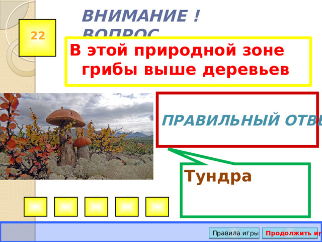 Тундра ВНИМАНИЕ ! ВОПРОС 22 В этой природной зоне грибы выше деревьев Правильный ответ Правила игры Продолжить игру 