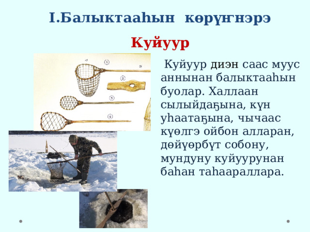 I.Балыктааһын көрүҥнэрэ  Куйуур  Куйуур диэн саас муус аннынан балыктааһын буолар. Халлаан сылыйдаҕына, күн уһаатаҕына, чычаас күөлгэ ойбон алларан, дөйүөрбүт собону, мундуну куйуурунан баһан таһаараллара. 