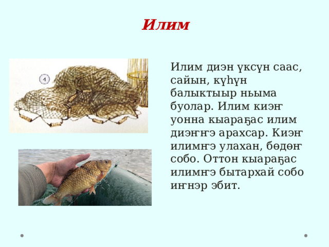 Илим Илим диэн үксүн саас, сайын, күһүн балыктыыр ньыма буолар. Илим киэҥ уонна кыараҕас илим диэҥҥэ арахсар. Киэҥ илимҥэ улахан, бөдөҥ собо. Оттон кыараҕас илимҥэ бытархай собо иҥнэр эбит. 