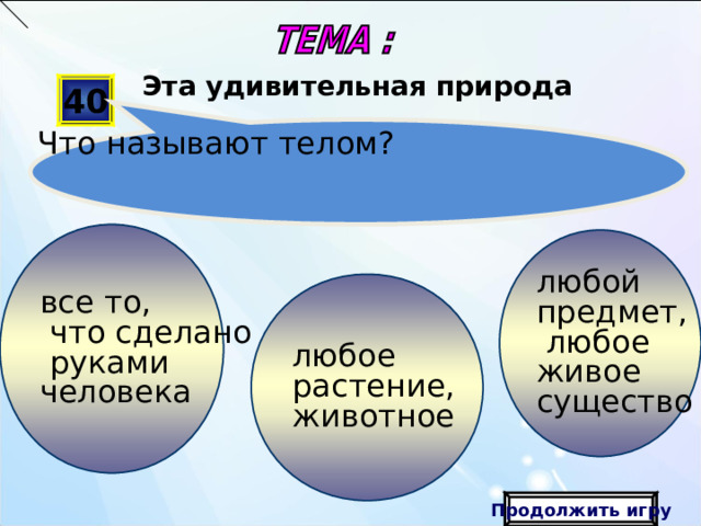 Вы теряете 20  баллов Шаблон презентации «Луг»   Автор: Федотова Виктория Александровна, учитель начальных классов МОУ СОШ с. Лохово Черемховского р-на Иркутской обл . Для оформления шаблона использовались программа Adobe Photoshop CS2 И векторный клипарт http://artwork.in.ua/vector/149-vektornyjj-klipart-cvetochnaja-poljana.html   Продолжить игру  