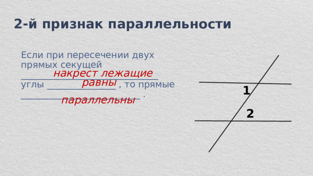 2-й признак параллельности Если при пересечении двух прямых секущей ______________________________ углы _______________ , то прямые __________________________ . накрест лежащие  равны 1 параллельны 2 