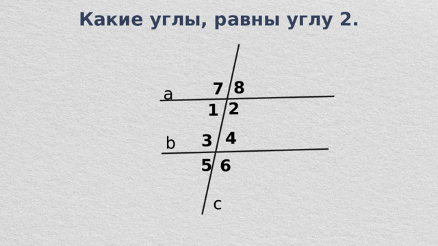 Какие углы, равны углу 2. 8 7 a 2 1  4 3 b 5 6 c 