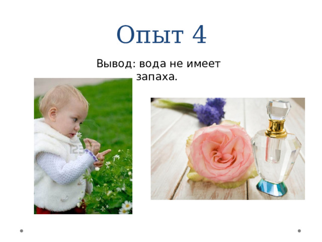 Опыт 4 Вывод: вода не имеет запаха. 
