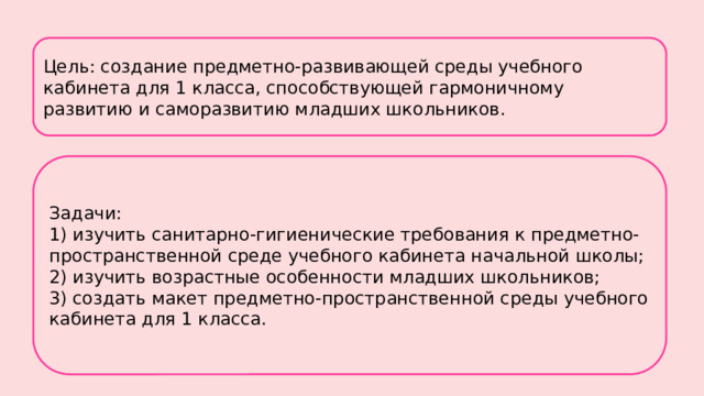 Цель: создание предметно-развивающей среды учебного кабинета для 1 класса, способствующей гармоничному развитию и саморазвитию младших школьников. Задачи: 1) изучить санитарно-гигиенические требования к предметно-пространственной среде учебного кабинета начальной школы; 2) изучить возрастные особенности младших школьников; 3) создать макет предметно-пространственной среды учебного кабинета для 1 класса. 