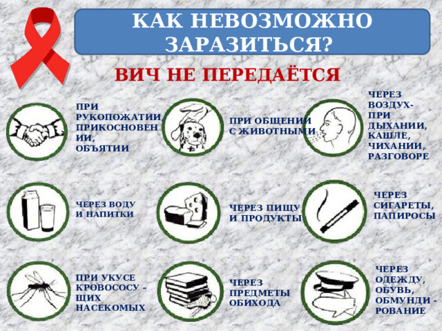 КАК НЕВОЗМОЖНО ЗАРАЗИТЬСЯ? ВИЧ НЕ ПЕРЕДАЁТСЯ ЧЕРЕЗ ВОЗДУХ- ПРИ ДЫХАНИИ, ПРИ РУКОПОЖАТИИ,  ПРИКОСНОВЕНИИ,  ОБЪЯТИИ КАШЛЕ, ЧИХАНИИ, РАЗГОВОРЕ ПРИ ОБЩЕНИИ С ЖИВОТНЫМИ ЧЕРЕЗ СИГАРЕТЫ, ПАПИРОСЫ ЧЕРЕЗ ВОДУ И НАПИТКИ ЧЕРЕЗ ПИЩУ И ПРОДУКТЫ ЧЕРЕЗ ОДЕЖДУ, ОБУВЬ, ОБМУНДИ - РОВАНИЕ ПРИ УКУСЕ КРОВОСОСУ –ЩИХ НАСЕКОМЫХ ЧЕРЕЗ ПРЕДМЕТЫ ОБИХОДА 