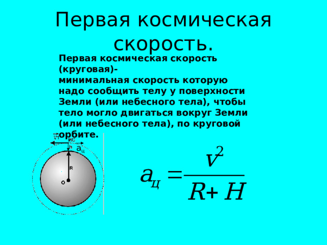 Первая космическая скорость. Первая космическая скорость (круговая)- минимальная скорость которую надо сообщить телу у поверхности Земли (или небесного тела), чтобы тело могло двигаться вокруг Земли (или небесного тела), по круговой орбите. а ц 