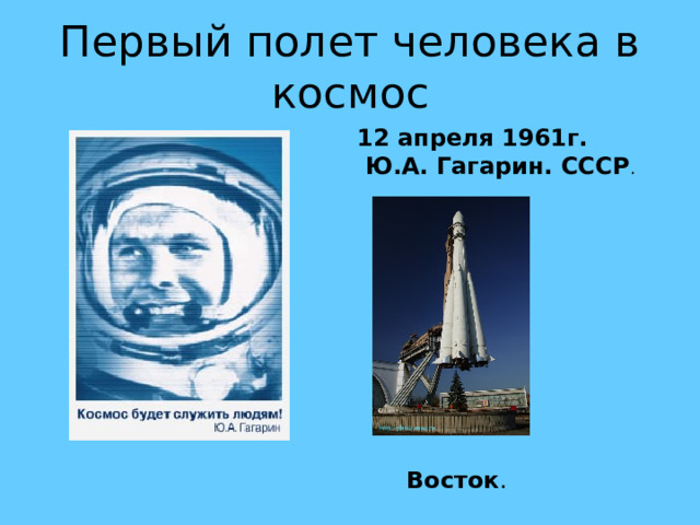 Первый полет человека в космос 12 апреля 1961г.  Ю.А. Гагарин. СССР . Восток . 