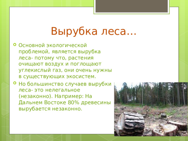 Вырубка леса… Основной экологической проблемой, является вырубка леса- потому что, растения очищают воздух и поглощают углекислый газ, они очень нужны в существующих экосистем. Но большинство случаев вырубки леса- это нелегальное (незаконно). Например: На Дальнем Востоке 80% древесины вырубается незаконно. 