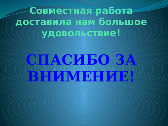 Совместная работа доставила нам большое удовольствие!   СПАСИБО ЗА ВНИМЕНИЕ! 