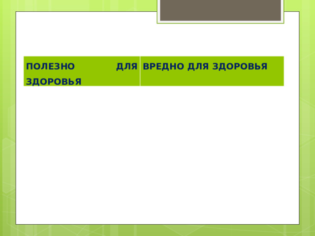ПОЛЕЗНО ДЛЯ ЗДОРОВЬЯ ВРЕДНО ДЛЯ ЗДОРОВЬЯ 