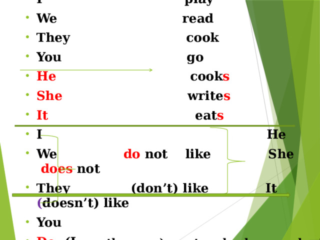 I play We read They cook You go He  cook s She write s It eat s I He We do not like She does not They (don’t) like It ( doesn’t) like You Do (I , we, they, you) go to school every day ? Does ( he, she, it) often read a book?  