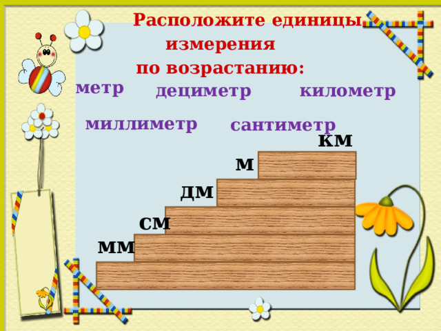 Расположите единицы измерения  по возрастанию: метр километр дециметр сантиметр миллиметр миллиметр км м дм см мм  