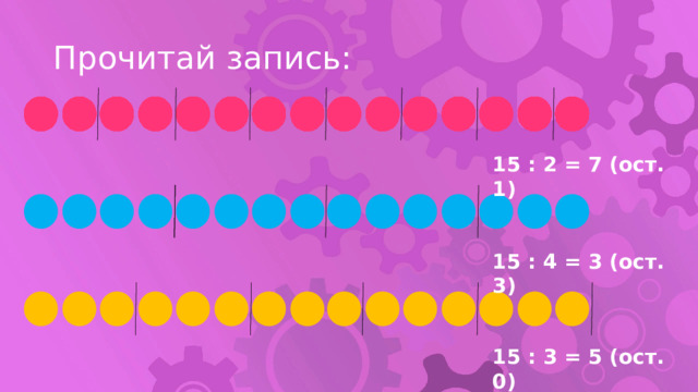 Прочитай запись: 15 : 2 = 7 (ост. 1) 15 : 4 = 3 (ост. 3) 15 : 3 = 5 (ост. 0) 