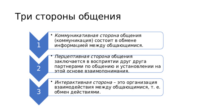 1 Коммуникативная сторона  общения (коммуникация) состоит в обмене информацией между общающимися. Коммуникативная сторона  общения (коммуникация) состоит в обмене информацией между общающимися. 2 Перцептивная сторона  общения заключается в восприятии друг друга партнерами по общению и установлении на этой основе взаимопонимания. Перцептивная сторона  общения заключается в восприятии друг друга партнерами по общению и установлении на этой основе взаимопонимания. 3 Интерактивная сторона  – это организация взаимодействия между общающимися, т. е. обмен действиями. Интерактивная сторона  – это организация взаимодействия между общающимися, т. е. обмен действиями. Три стороны общения 