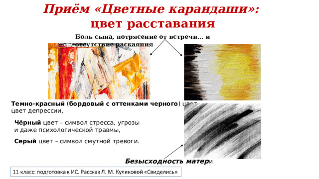 Приём «Цветные карандаши»: цвет расставания Боль сына, потрясение от встречи... и отсутствие раскаяния Темно-красный ( бордовый с оттенками черного ) цвет – цвет депрессии, Чёрный цвет  – символ стресса, угрозы и даже психологической травмы, Серый цвет – символ смутной тревоги. Безысходность матер и 