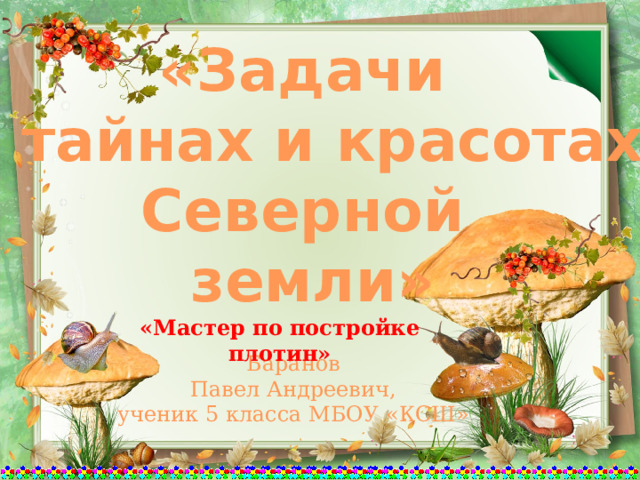 «Задачи о тайнах и красотах Северной земли» «Мастер по постройке плотин» Баранов Павел Андреевич, ученик 5 класса МБОУ «КСШ» 