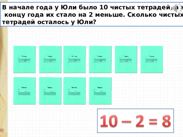 В начале года у Юли было 10 чистых тетрадей, а к  концу года их стало на 2 меньше. Сколько чистых тетрадей осталось у Юли? 