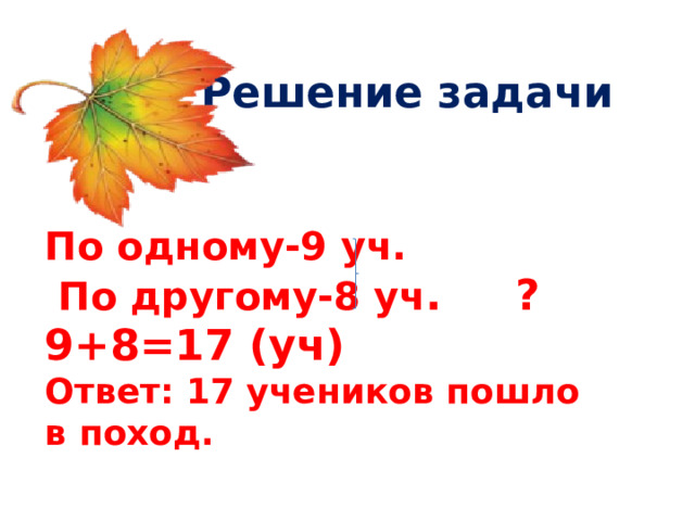  Решение задачи По одному-9 уч.  По другому-8 уч . ? 9+8=17 (уч) Ответ: 17 учеников пошло в поход. 