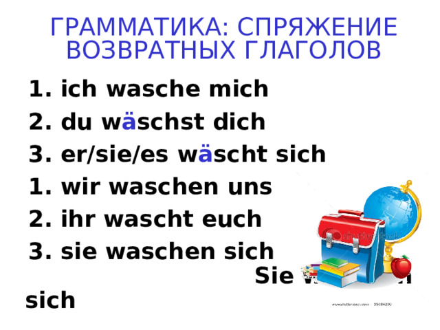 ГРАММАТИКА: СПРЯЖЕНИЕ ВОЗВРАТНЫХ ГЛАГОЛОВ 1. ich wasche mich 2. du w ä schst dich 3. er/sie/es w ä scht sich 1. wir waschen uns 2. ihr wascht euch 3. sie waschen sich Sie waschen sich 
