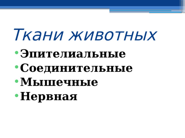 Ткани животных Эпителиальные Соединительные Мышечные Нервная 