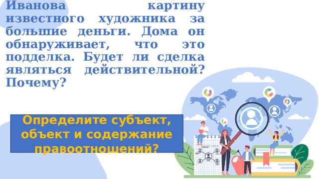 Гражданин Сидоров покупает у гражданина Иванова картину известного художника за большие деньги. Дома он обнаруживает, что это подделка. Будет ли сделка являться действительной? Почему?   Определите субъект, объект и содержание правоотношений? 