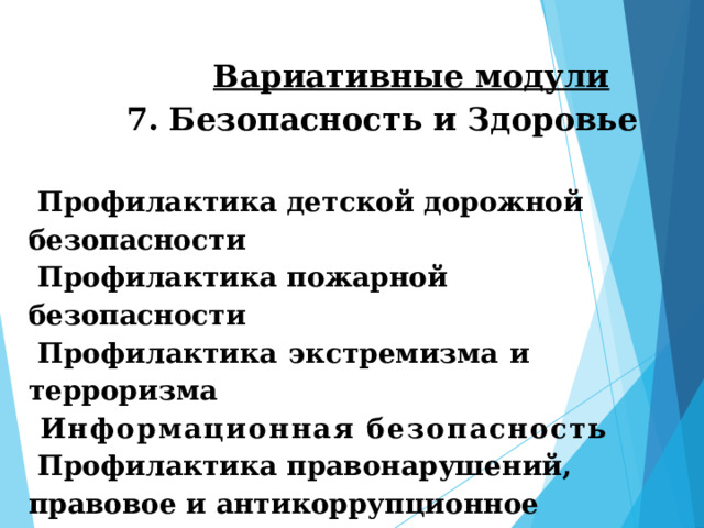  Вариативные модули  7. Безопасность и Здоровье    П р о ф илак т и к а  де т с к ой д о р ож ной бе з опаснос т и   П р о ф илак т и к а  п о ж арной  б е з опасност и   Пр о ф и лак т и к а  э к с т реми зм а  и  т ерр о ри з м а    Информационная безопасность   П р о ф илак т и к а  пр а в она р у ш е н ий , п ра в ов ое  и а нт и к о р р у п ц ио н н ое  в о с п и т а ни е  Профилактика здорового образа жизни    