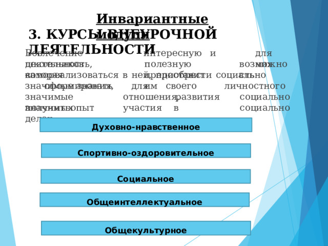 Инвариантные  модули 3. КУРСЫ  ВНЕУРОЧНОЙ  ДЕЯТЕЛЬНОСТИ Во в л е чен и е  ш к о ль н и к ов  в для  них и н тер е сную  и  п о л е зн у ю предоставит    им деятельность,  которая в о з м о ж н о сть самореализоваться  в  ней,  приобрести  социально  значимые  знания, сформировать  для  своего  личностного  развития  социально социально зн а чимые  о т но шен и я,  п о л у чить  опыт  у ч аст и я  в значимых  делах. Духовно-нравственное Спортивно-оздоровительное Социальное Общеинтеллектуальное Общекультурное 