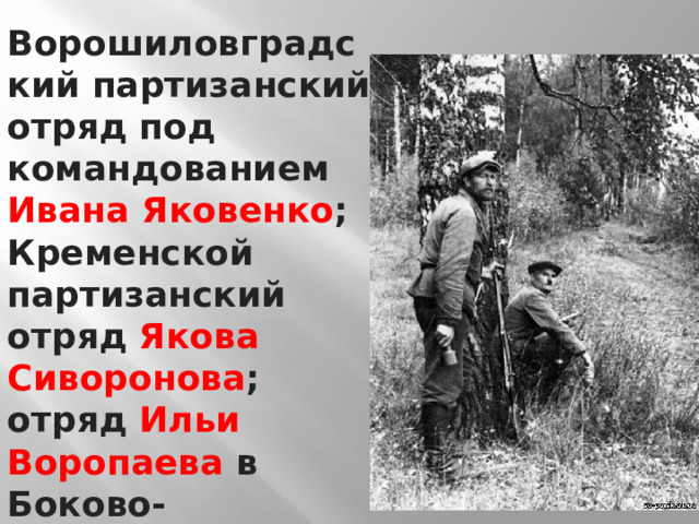 Ворошиловградский партизанский отряд под командованием Ивана Яковенко ; Кременской партизанский отряд Якова Сиворонова ; отряд Ильи Воропаева в Боково-Антрацитовском районе, 