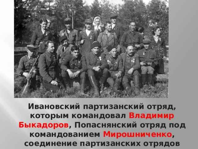 Ивановский партизанский отряд, которым командовал Владимир Быкадоров , Попаснянский отряд под командованием Мирошниченко , соединение партизанских отрядов «Грозный» в Кременском районе. 