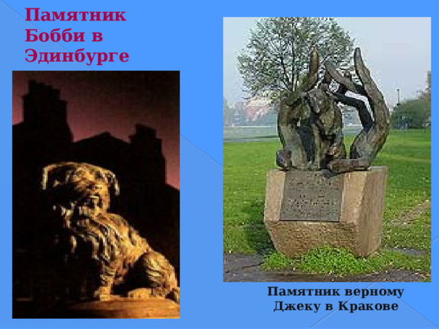 Памятник Бобби в Эдинбурге Памятники собакам, ждущих на протяжении многих лет своих погибших хозяев, установлены во многих городах мира. Памятник на станции Шабуя недалеко от Токио, в Эдинбурге скай-терьеру Бобби, в США, на р. Миссури — собаке Шепу, в Кракове — верному Джеку и многие другие. Поистине героические существа — собаки. Да, собаки умеют прощать, но не умеют забывать, и примеров тому множество. Житель итальянского городка Борго-Сан-Лоренцо Карло Сормани нашел в сточной канаве щенка, приютил его и назвал Верным. И пес полностью оправдал свое имя. Каждый день в одно и то же время он приходил к автобусной остановке встречать свое-го хозяина. Однажды тот не приехал. Человек погиб, но пес этого не знал. Или не хотел понимать. Несколько лет до конца своей жизни он каждый день приходил на остановку — ждать своего друга. После его смерти жители города собрали деньги, установили памятник Верному и в честь него изготовили золотую медаль. Памятник верному Джеку в Кракове  