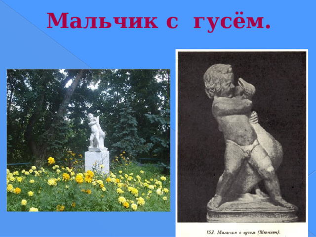 Мальчик с гусём.   ...В жанровой скульптуре эллинистического времени весьма видное место занимают изображения детей. Это обращение скульптуры к изображению детей является большим новшеством. Искусство эпохи архаики и классики уклонялось от имеющих самодовлеющее значение изображений детей и особенно младенцев... В ряду этих жанровых изображений детей заслуживает особого внимания дошедшая до нас в римской мраморной копии с бронзового оригинала скульптура Боэфа Колхедонского, представляющая мальчика, борющегося с гусем (первая половина II века [до н.э.]). Эта скульптура любопытна не только самой тщательной передачей пухлого детского тела, контрастирующего с жестким оперением птицы, но и эффектным построением группы, имеющей по форме пирамидальную конструкцию.  