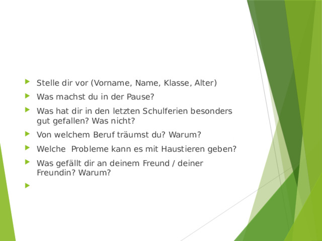 Stelle dir vor (Vorname, Name, Klasse, Alter) Was machst du in der Pause? Was hat dir in den letzten Schulferien besonders gut gefallen? Was nicht? Von welchem Beruf träumst du? Warum? Welche Probleme kann es mit Haustieren geben? Was gefällt dir an deinem Freund / deiner Freundin? Warum?   