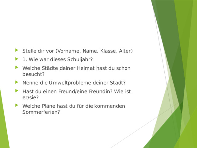 Stelle dir vor (Vorname, Name, Klasse, Alter) 1. Wie war dieses Schuljahr? Welche Städte deiner Heimat hast du schon besucht? Nenne die Umweltprobleme deiner Stadt? Hast du einen Freund/eine Freundin? Wie ist er/sie? Welche Pläne hast du für die kommenden Sommerferien? 