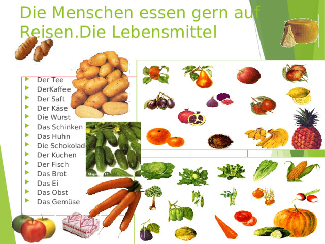 Die Menschen essen gern auf Reisen.Die Lebensmittel Der Tee DerKaffee Der Saft Der Käse Die Wurst Das Schinken Das Huhn Die Schokolade Der Kuchen Der Fisch Das Brot Das Ei Das Obst Das Gemüse 