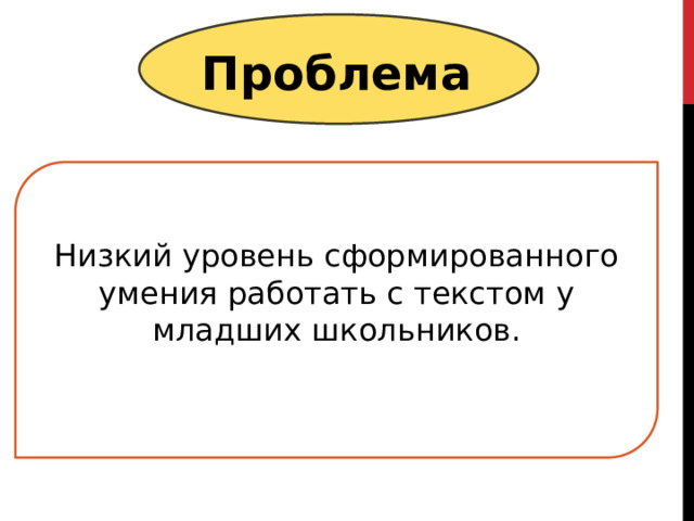 Проблема Низкий уровень сформированного умения работать с текстом у младших школьников. 