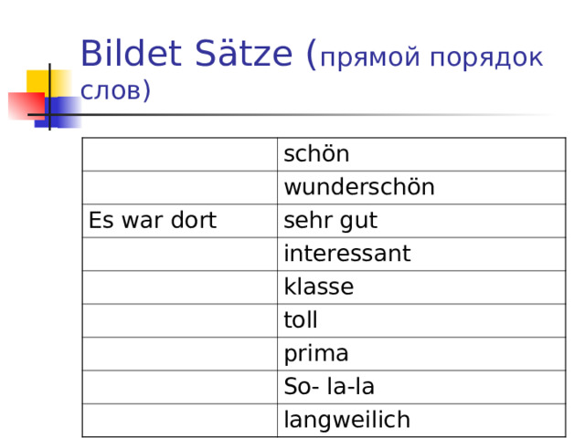 Bildet S ä tze ( прямой порядок слов) sch ö n wundersch ö n Es war dort sehr gut interessant klasse toll prima So- la-la langweilich 