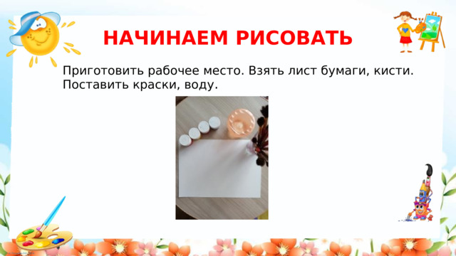 НАЧИНАЕМ РИСОВАТЬ Приготовить рабочее место. Взять лист бумаги, кисти. Поставить краски, воду . 