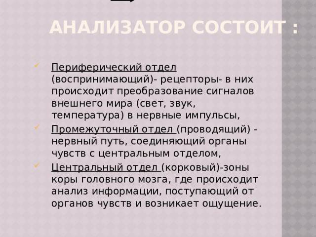 Анализатор состоит : Периферический отдел (воспринимающий)- рецепторы- в них происходит преобразование сигналов внешнего мира (свет, звук, температура) в нервные импульсы, Промежуточный отдел (проводящий) - нервный путь, соединяющий органы чувств с центральным отделом, Центральный отдел (корковый)-зоны коры головного мозга, где происходит анализ информации, поступающий от органов чувств и возникает ощущение. Периферический отдел (воспринимающий)- рецепторы- в них происходит преобразование сигналов внешнего мира (свет, звук, температура) в нервные импульсы, Промежуточный отдел (проводящий) - нервный путь, соединяющий органы чувств с центральным отделом, Центральный отдел (корковый)-зоны коры головного мозга, где происходит анализ информации, поступающий от органов чувств и возникает ощущение. 