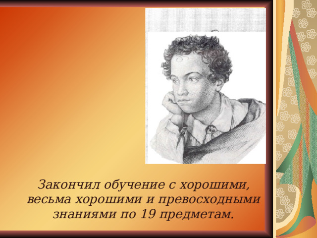 Закончил обучение с хорошими, весьма хорошими и превосходными знаниями по 19 предметам. 