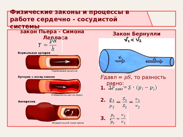 Физические законы и процессы в работе сердечно - сосудистой системы   Закон Бернулли закон Пьера - Симона Лапласа 𝐹 давл = 𝑝𝑆, то разность равно : .  .   . 